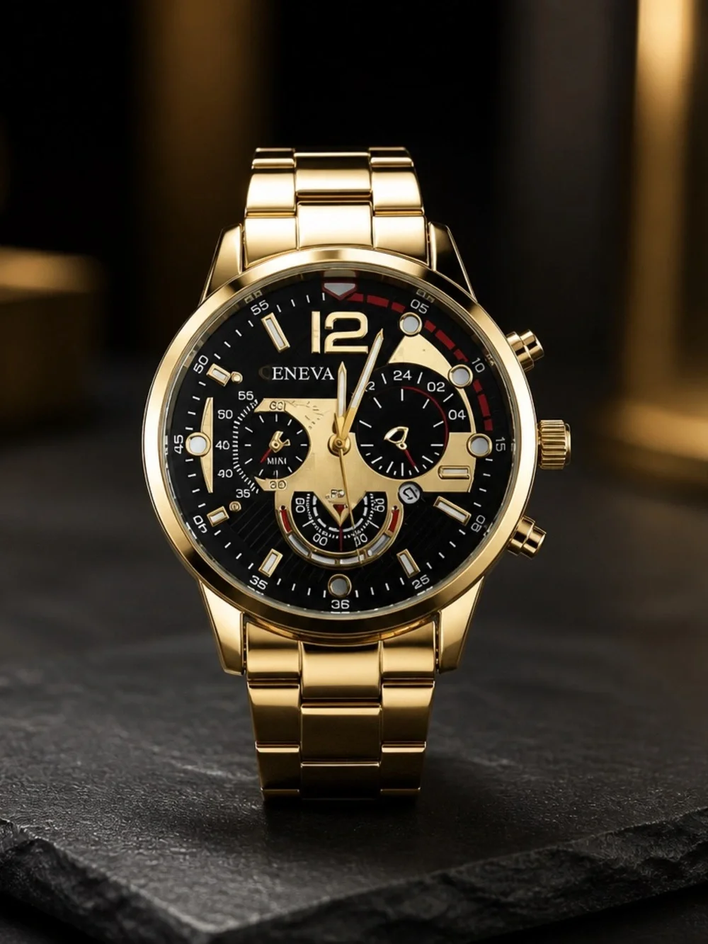 Geneva Men’s Gold Luxury Wrist Watch Round Dial 3 Time Zone Quartz NWT